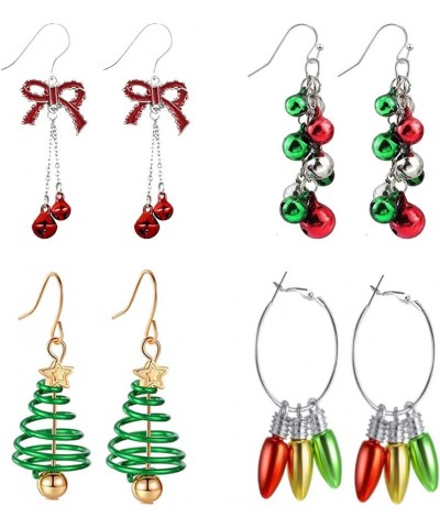 4 Pairs Christmas Earrings for Women Holiday Earrings for Girls Red Bow Knot Jingle Bell Bulbs Tree Dangle Drop Earrings Xmas...