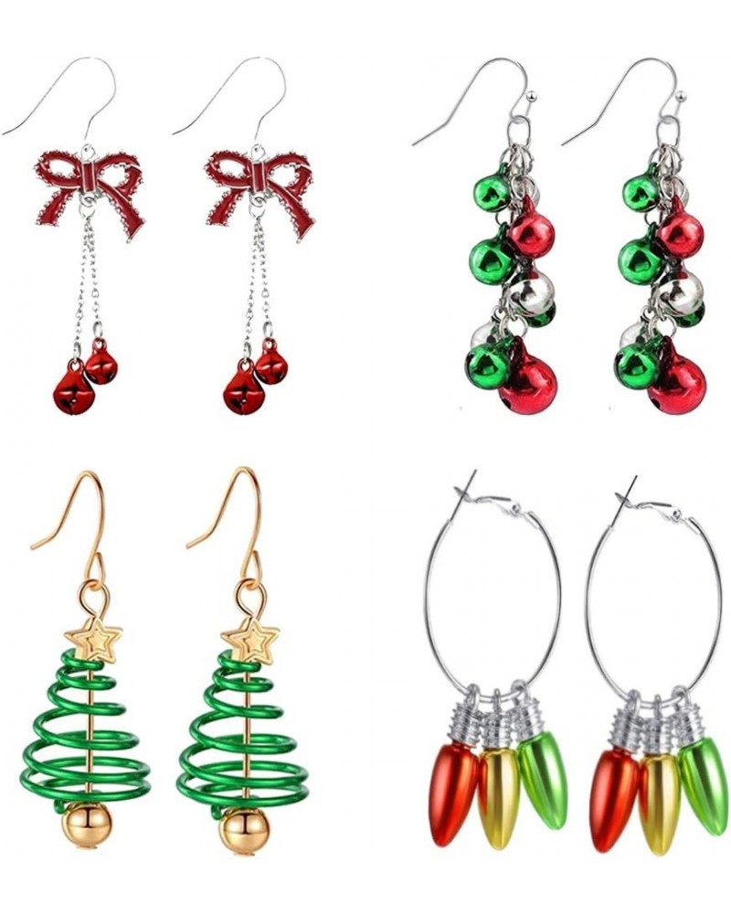 4 Pairs Christmas Earrings for Women Holiday Earrings for Girls Red Bow Knot Jingle Bell Bulbs Tree Dangle Drop Earrings Xmas...