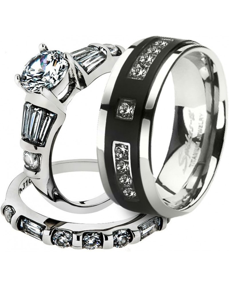 His and Her Stainless Steel 2.50 Carat Cubic Zirconia Bridal Set and Men's Titanium Wedding Band Women's Size 07 Men's Size 1...