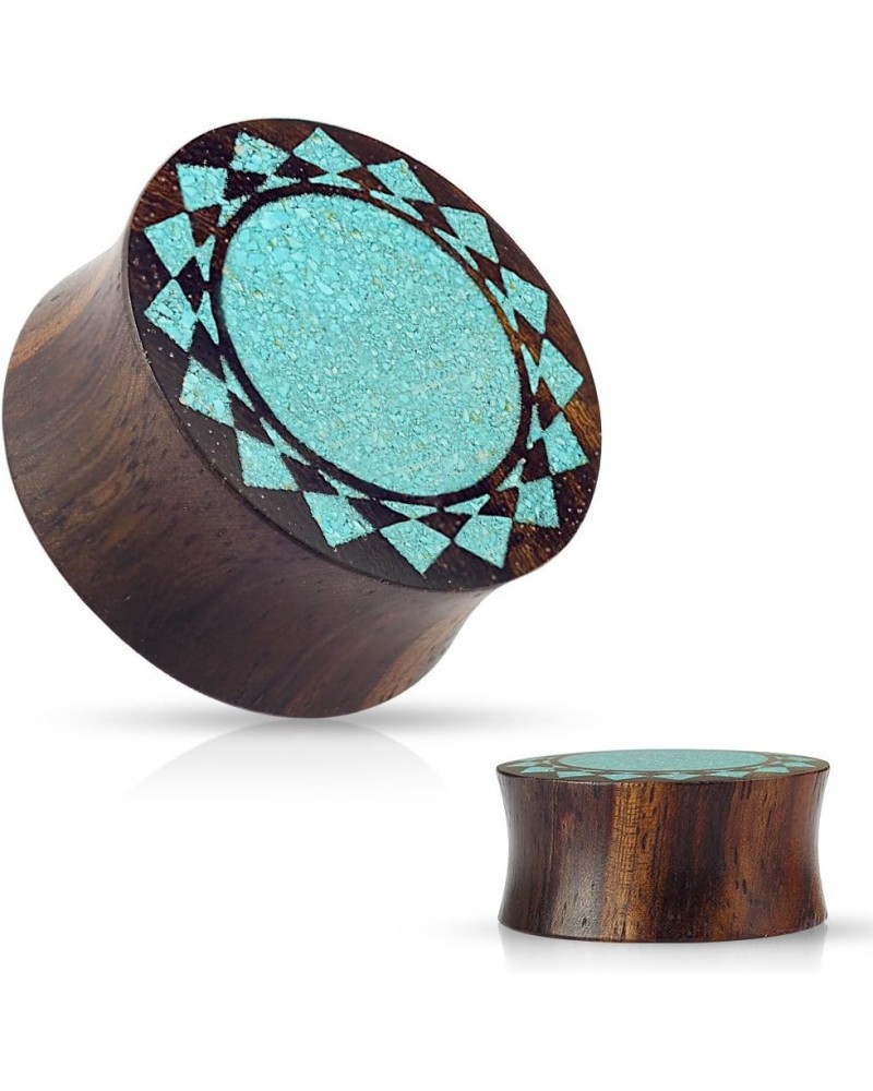 Crushed Turquoise Tribal Sunburst Inlaid Organic Sono Wood Double Flared WildKlass Saddle Plugs 7/8 Inch $11.99 Body Jewelry