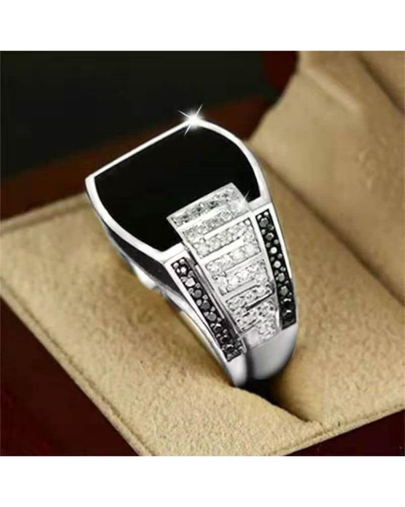 Unisex Retro Square Diamond Cut Face Black Onyx Agate Band Ring Antique Silver Plated Vintage Rings Zircon Full Diamond Ring ...