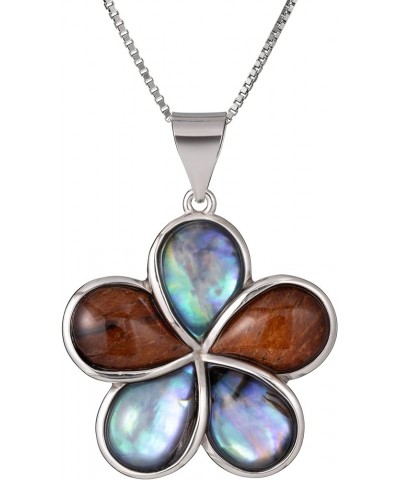 Sterling Silver Koa Wood and Abalone Shell Inlay Plumeria Pendant Necklace Pendant with 18" Box Chain, Nickel Free Hypoallerg...