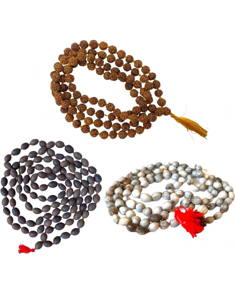 (Pack of 3) Rudraksha Mala, Kamal Gatta Mala (Lotus Seeds) & Original Vaijanti Mala White Bead Natural Himalaya 5 face Panch ...