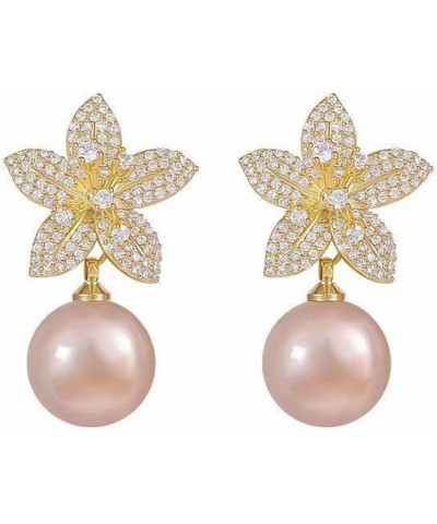 Bohemian Faux Champagne Pearl Drop Dangle Stud Earrings Floral Flower Pierced Cubic Zirconia 14K Rose Gold Plated Earring $6....