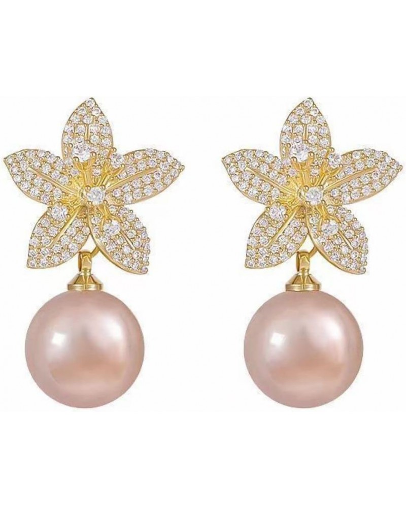 Bohemian Faux Champagne Pearl Drop Dangle Stud Earrings Floral Flower Pierced Cubic Zirconia 14K Rose Gold Plated Earring $6....