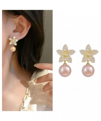 Bohemian Faux Champagne Pearl Drop Dangle Stud Earrings Floral Flower Pierced Cubic Zirconia 14K Rose Gold Plated Earring $6....