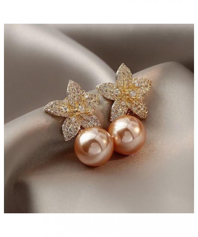 Bohemian Faux Champagne Pearl Drop Dangle Stud Earrings Floral Flower Pierced Cubic Zirconia 14K Rose Gold Plated Earring $6....