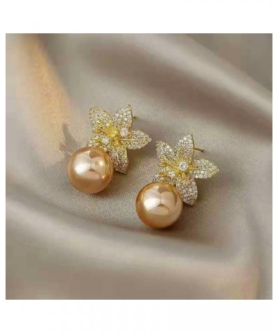 Bohemian Faux Champagne Pearl Drop Dangle Stud Earrings Floral Flower Pierced Cubic Zirconia 14K Rose Gold Plated Earring $6....