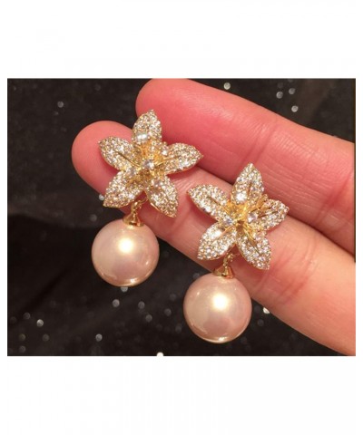 Bohemian Faux Champagne Pearl Drop Dangle Stud Earrings Floral Flower Pierced Cubic Zirconia 14K Rose Gold Plated Earring $6....