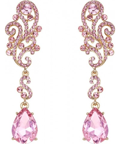 Women's Wedding Bridal Crystal Floral Scroll Chandelier Dangle Earrings Pink Gold-Tone $9.85 Earrings