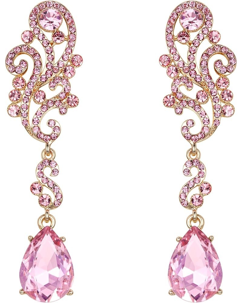 Women's Wedding Bridal Crystal Floral Scroll Chandelier Dangle Earrings Pink Gold-Tone $9.85 Earrings