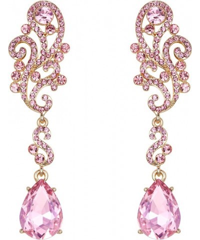 Women's Wedding Bridal Crystal Floral Scroll Chandelier Dangle Earrings Pink Gold-Tone $9.85 Earrings