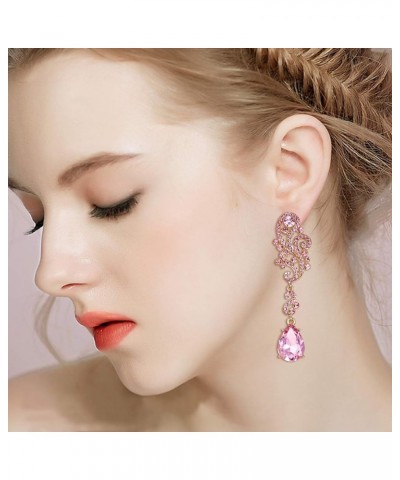 Women's Wedding Bridal Crystal Floral Scroll Chandelier Dangle Earrings Pink Gold-Tone $9.85 Earrings