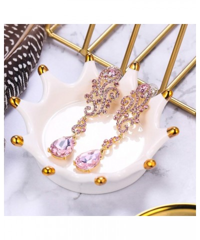 Women's Wedding Bridal Crystal Floral Scroll Chandelier Dangle Earrings Pink Gold-Tone $9.85 Earrings