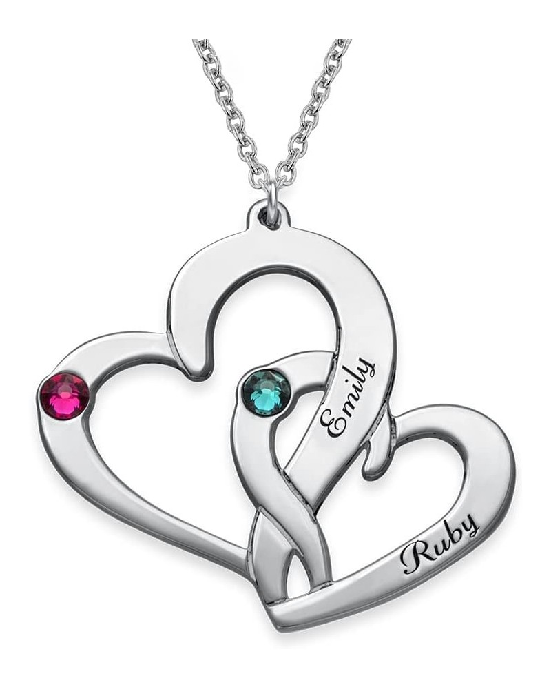 Personalized Engraved 2 Heart Shsped Necklace for Woman with 2 Birthstones - Custom Love Jewelry Gift for Mom - 925 Silver Pe...