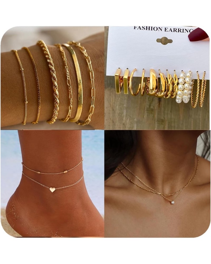 Gold Chain Jewelry Set for Women Girls Necklaces Bracelets Earrings Anklets Fashion Jewelry Pack 3 alloy $8.69 Jewelry Sets