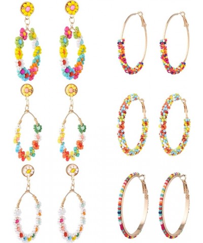 6 Pair Beaded Hoop Earrings Boho Flower Round Earrings Women's Handmade Earrings Set A $9.71 Earrings