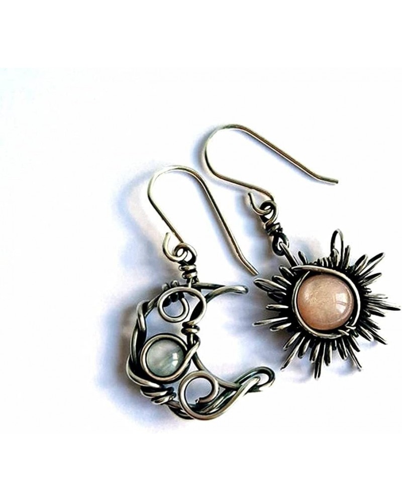 Boho Opal Sun and Moon Drop Dangle Earrings Moonstone Natural Stone Hook Bohemian for Women Girls Asymmetrical Antiqued Silve...