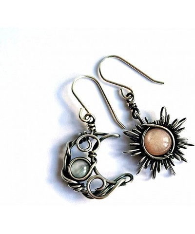 Boho Opal Sun and Moon Drop Dangle Earrings Moonstone Natural Stone Hook Bohemian for Women Girls Asymmetrical Antiqued Silve...