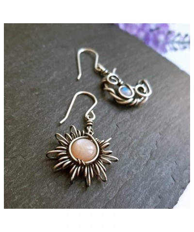 Boho Opal Sun and Moon Drop Dangle Earrings Moonstone Natural Stone Hook Bohemian for Women Girls Asymmetrical Antiqued Silve...