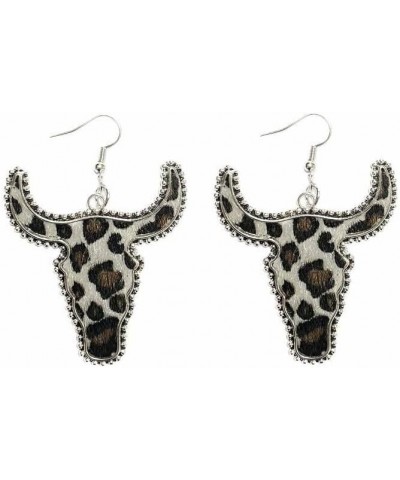 Vintage Western Cowgirl Cowboy Cow Head Dangle Drop Earrings Handmade Bohemian Leopard Print Bull Cattle Cow Head Leather Ear...