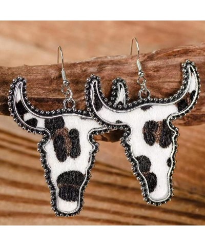 Vintage Western Cowgirl Cowboy Cow Head Dangle Drop Earrings Handmade Bohemian Leopard Print Bull Cattle Cow Head Leather Ear...