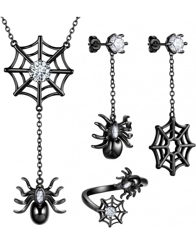 Halloween Spider Necklaces/Spider Web Dangle Earrings/Rings/Bracelets Silver/Black Gun Plated Tarantula Jewelry Set for Women...