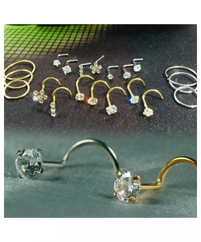 Nose Rings Studs L Nose Studs Screw Nose Rings 18g 20g 22g 14K Gold Bone Nose Studs for Women Titanium Steel 20g 10pcs Silver...