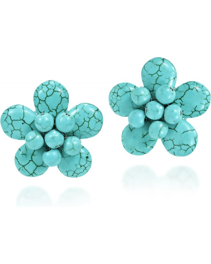 Exotic Simulated Turquoise Flower Clip on Earrings | Turquoise Earrings | Cyan Blue Clip on Earrings | Trendy Flower Earrings...