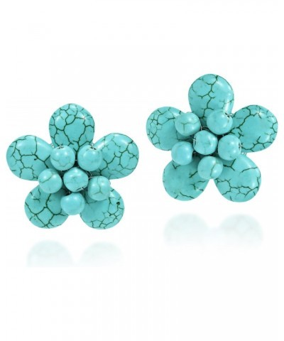 Exotic Simulated Turquoise Flower Clip on Earrings | Turquoise Earrings | Cyan Blue Clip on Earrings | Trendy Flower Earrings...