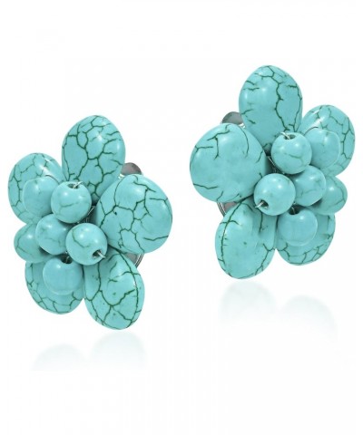 Exotic Simulated Turquoise Flower Clip on Earrings | Turquoise Earrings | Cyan Blue Clip on Earrings | Trendy Flower Earrings...