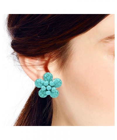 Exotic Simulated Turquoise Flower Clip on Earrings | Turquoise Earrings | Cyan Blue Clip on Earrings | Trendy Flower Earrings...