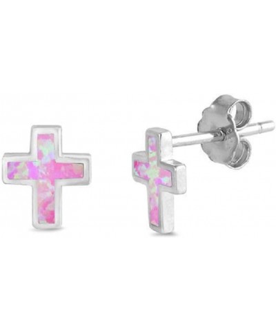 Simulated Opal Christian Cross Stud Earring Sterling Silver Pink $12.31 Earrings