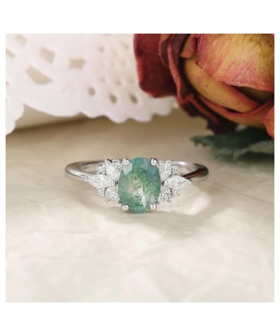 Naturally Moss Agate Wome's Ring 1.5CT Oval Cut Wedding Ring 925 Sterling Silver Marquise Cut Cluster Half Eternity Engagemen...