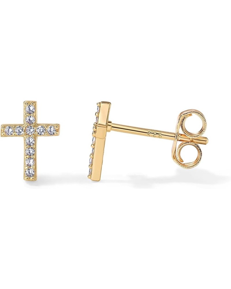 14K Gold Plated Girls Sterling Silver Earrings | Pave CZ Gold Cross Earrings for Women Yellow Gold Stud $11.18 Earrings