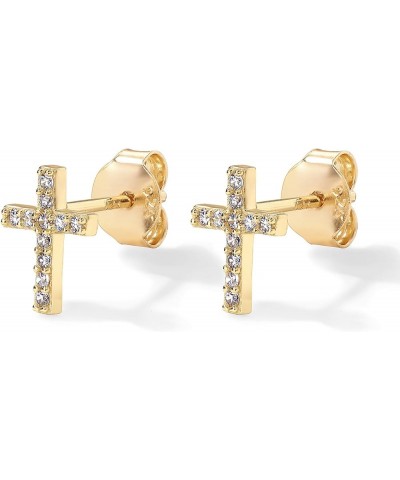 14K Gold Plated Girls Sterling Silver Earrings | Pave CZ Gold Cross Earrings for Women Yellow Gold Stud $11.18 Earrings