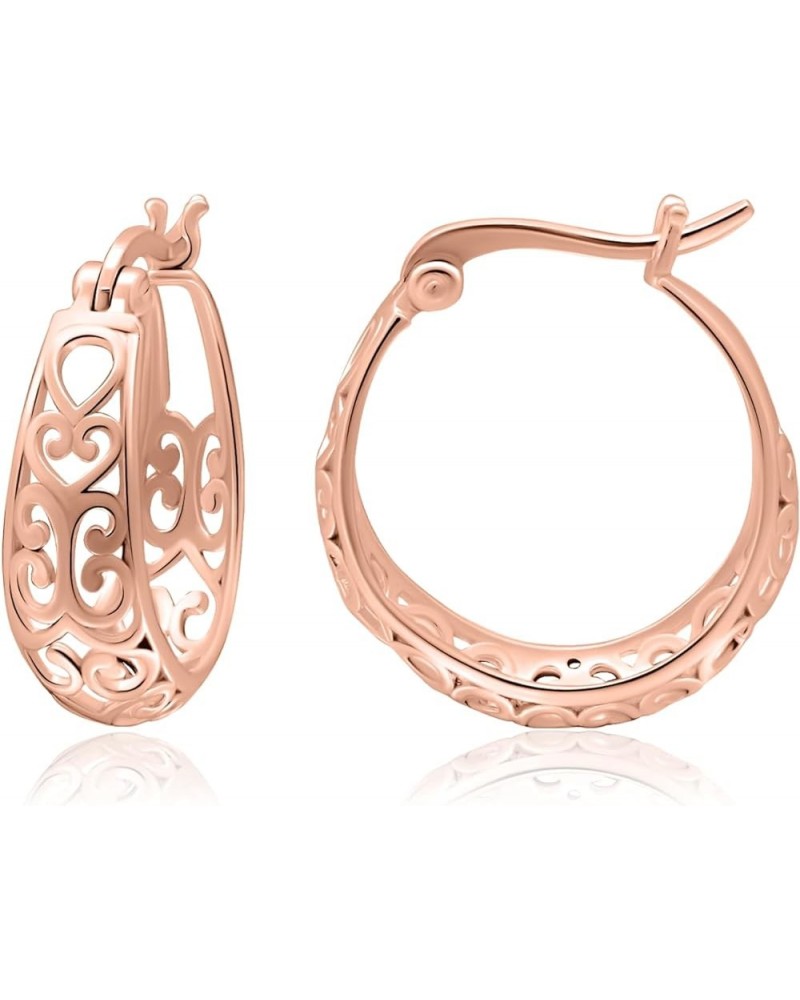 Sterling Silver High Polished Classic Filigree Round Hoop Earrings for Women Rose Gold Flashed $15.89 Earrings