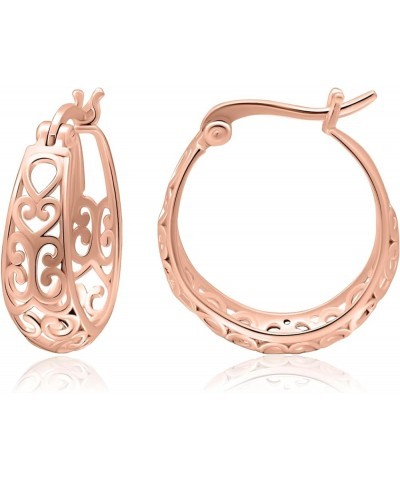 Sterling Silver High Polished Classic Filigree Round Hoop Earrings for Women Rose Gold Flashed $15.89 Earrings