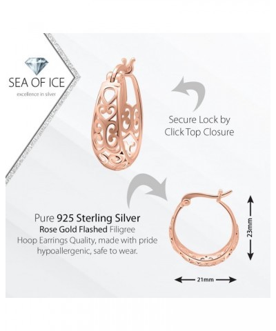 Sterling Silver High Polished Classic Filigree Round Hoop Earrings for Women Rose Gold Flashed $15.89 Earrings