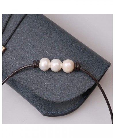 Women White 3 Cultured Freshwater Pearls Choker Necklace on Genuine Leather Cord Knotted Jewelry 16" Brown leather Necklace $...