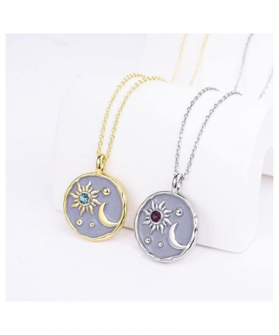 Birthstone Sun and Moon Necklace for Women Silver Plated Dainty Coin Necklace Textured Sun Crescent Moon Disc Pendant Medalli...