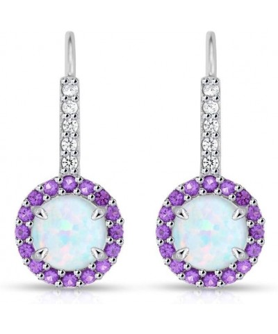 Sterling Silver Synthetic White Opal & Simulated Gemstone Round Halo Leverback Earrings Simulated Amethyst $17.15 Earrings