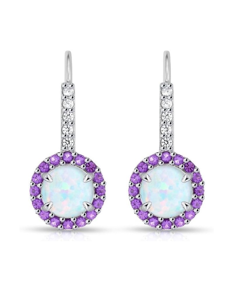 Sterling Silver Synthetic White Opal & Simulated Gemstone Round Halo Leverback Earrings Simulated Amethyst $17.15 Earrings