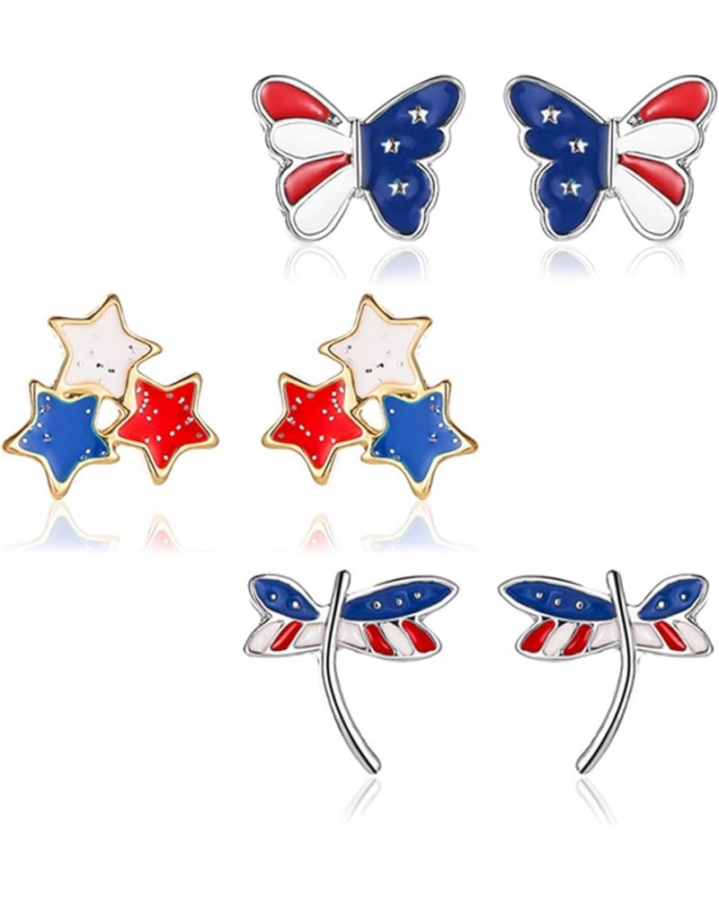 3 Pairs American Flag Stud Earrings for Women Girls Fashion Red Blue Star Butterfly Dragonfly July 4th USA Patriotic Independ...