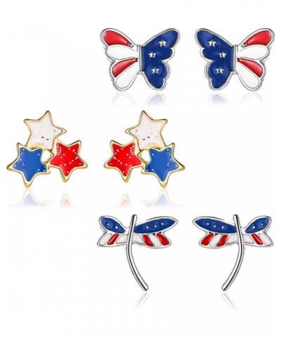 3 Pairs American Flag Stud Earrings for Women Girls Fashion Red Blue Star Butterfly Dragonfly July 4th USA Patriotic Independ...