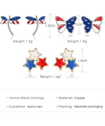 3 Pairs American Flag Stud Earrings for Women Girls Fashion Red Blue Star Butterfly Dragonfly July 4th USA Patriotic Independ...