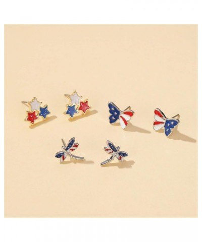 3 Pairs American Flag Stud Earrings for Women Girls Fashion Red Blue Star Butterfly Dragonfly July 4th USA Patriotic Independ...