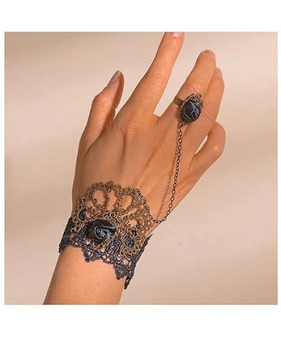 Punk Lace Finger Ring Bracelet Black Crystal Slave Chain Bracelet Hollow Lace Bracelet Layered Oval Gem Crystal Bracelet Hand...