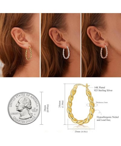 14K Gold Plated Oval Hoop Earrings for Women 925 Sterling Silver Post Twist Huggie Hoop Earrings Hypoallergenic Lightweight H...