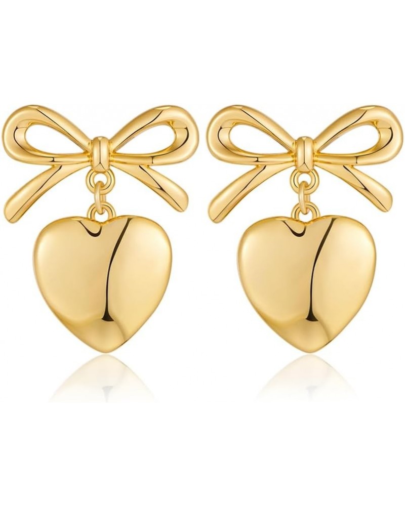 Gold Heart Dangle Earrings For Women Ribbon Bow Dangle Earrings Gold ribbon heart $9.89 Earrings